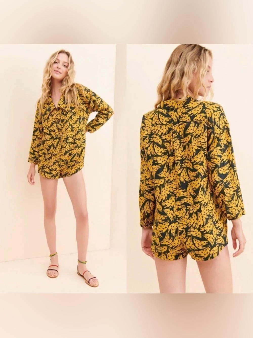 Farm Rio Linen Yellow Banana-Print Button-Up Romper